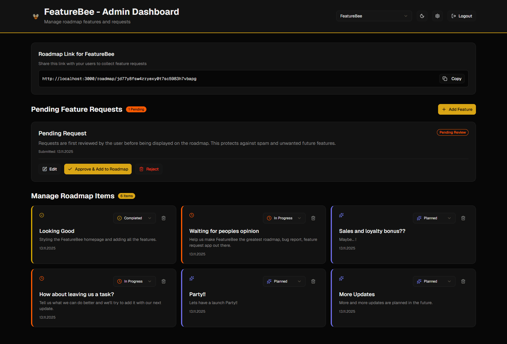 FeatureBee Admin Dashboard Screenshot
