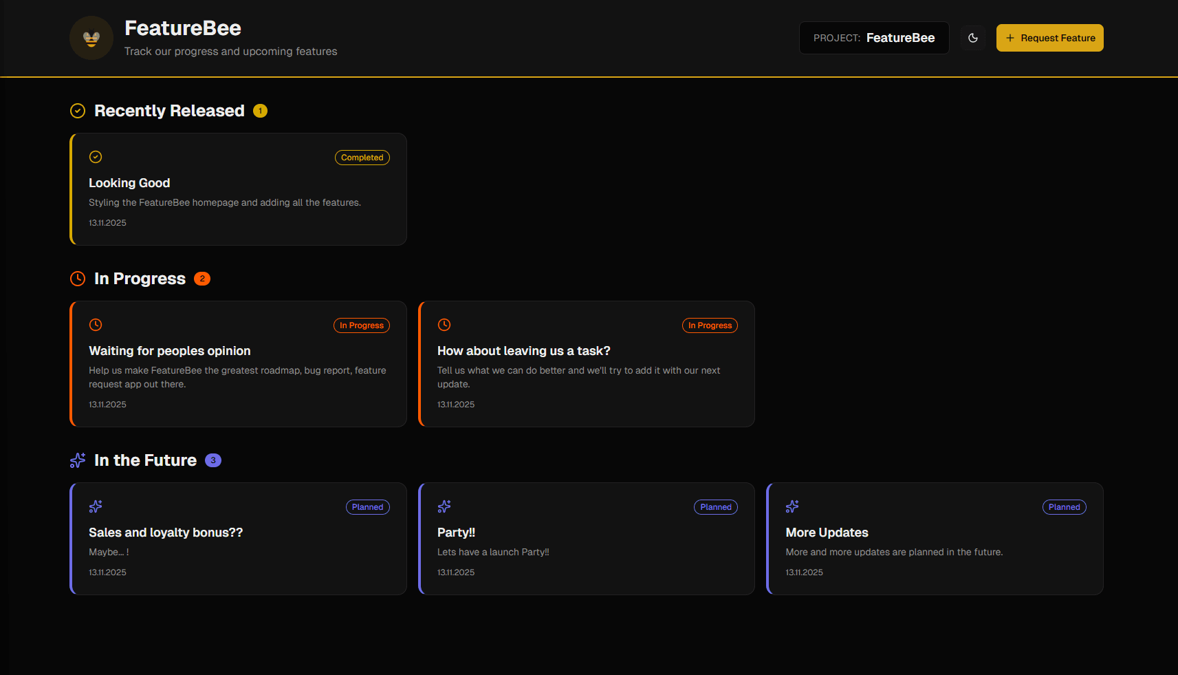 FeatureBee Public Roadmap Screenshot